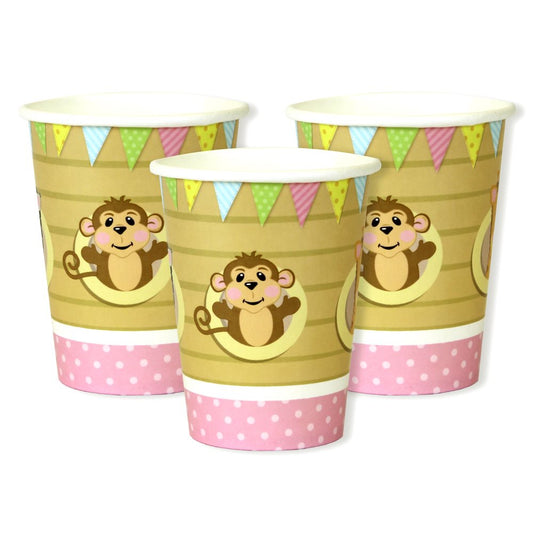 Three paper cups with monkey design and colorful patterns on a white background