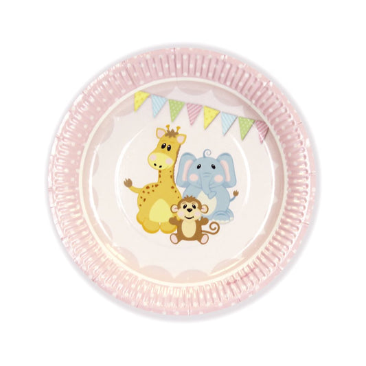 Round plate with cartoon animals and decorative elements on a white background