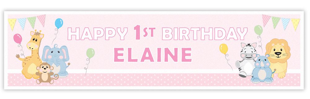 Happy 1st Birthday banner with cartoon animals and balloons for Elaine
