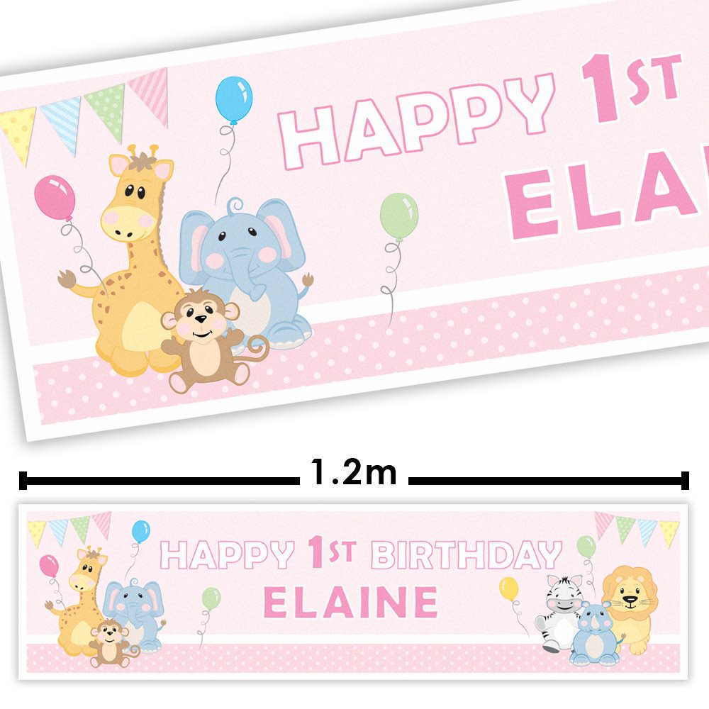 Happy 1st birthday banner with cartoon animals and balloons on a pink background, featuring the name Elaine.