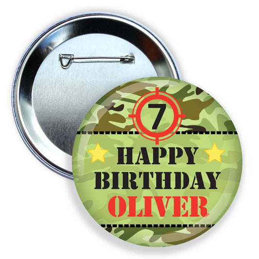 Camouflage birthday button with 'Happy Birthday Oliver' text on a white background