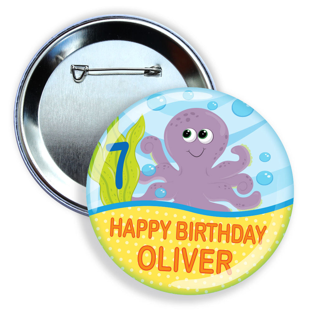 Button badge with an octopus design and 'Happy Birthday Oliver' text on a white background