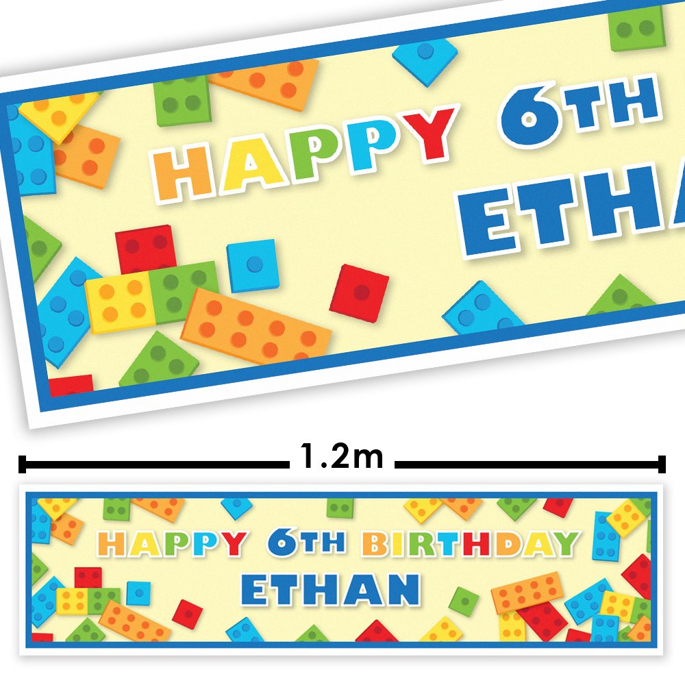 Birthday banner with colorful building block design and text 'Happy 6th Birthday Ethan' on a white background.