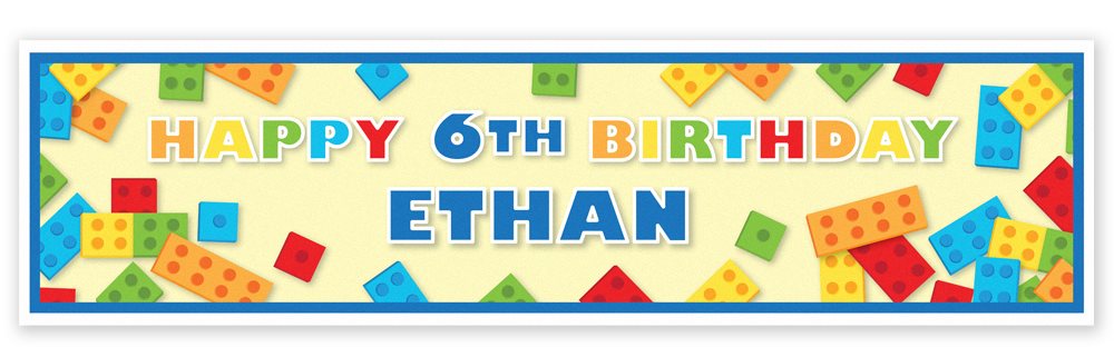 Birthday banner with colorful building block design and text 'Happy 6th Birthday Ethan' on a blue border.