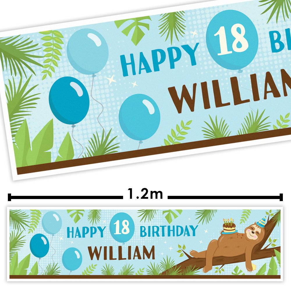 Birthday banner with blue balloons, green foliage, and a sloth on a branch, featuring the text 'Happy 18th Birthday William'.