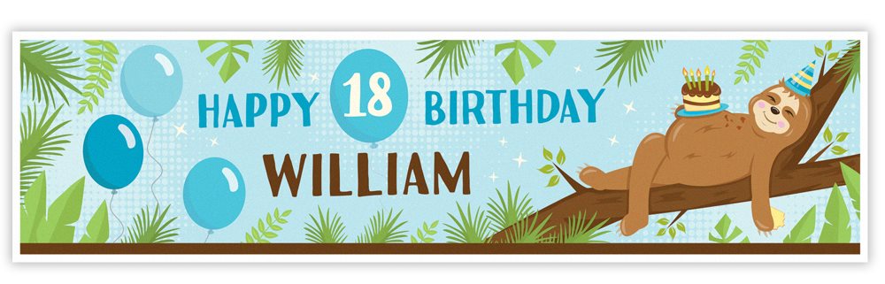 Birthday banner with sloth, balloons, and 'Happy 18th Birthday William' text on a blue background.