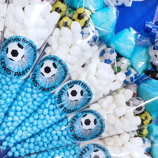 Pre-filled sweet cone with blue and white sweets, decorated with football-themed stickers, for a football party favour.
