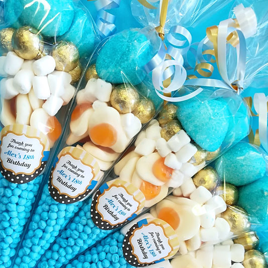 Personalised party sweet cones with pre filled sweets and birthday stickers