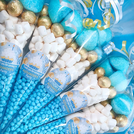 Personalised party sweet cones with pre filled sweets and birthday stickers
