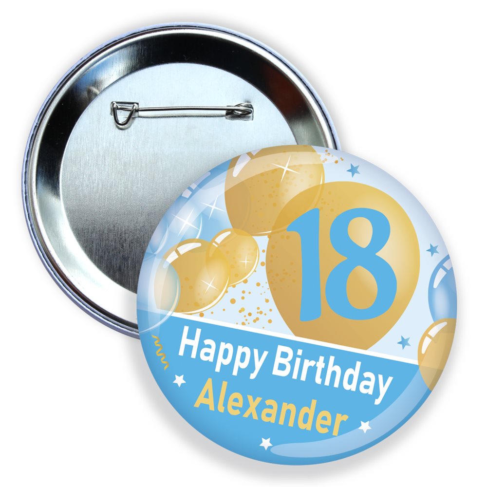 18th birthday button badge with 'Happy Birthday Alexander' text on a white background