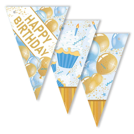 Birthday-themed party flags with ice cream cones, balloons, and the word 'Happy Birthday' on a white background.
