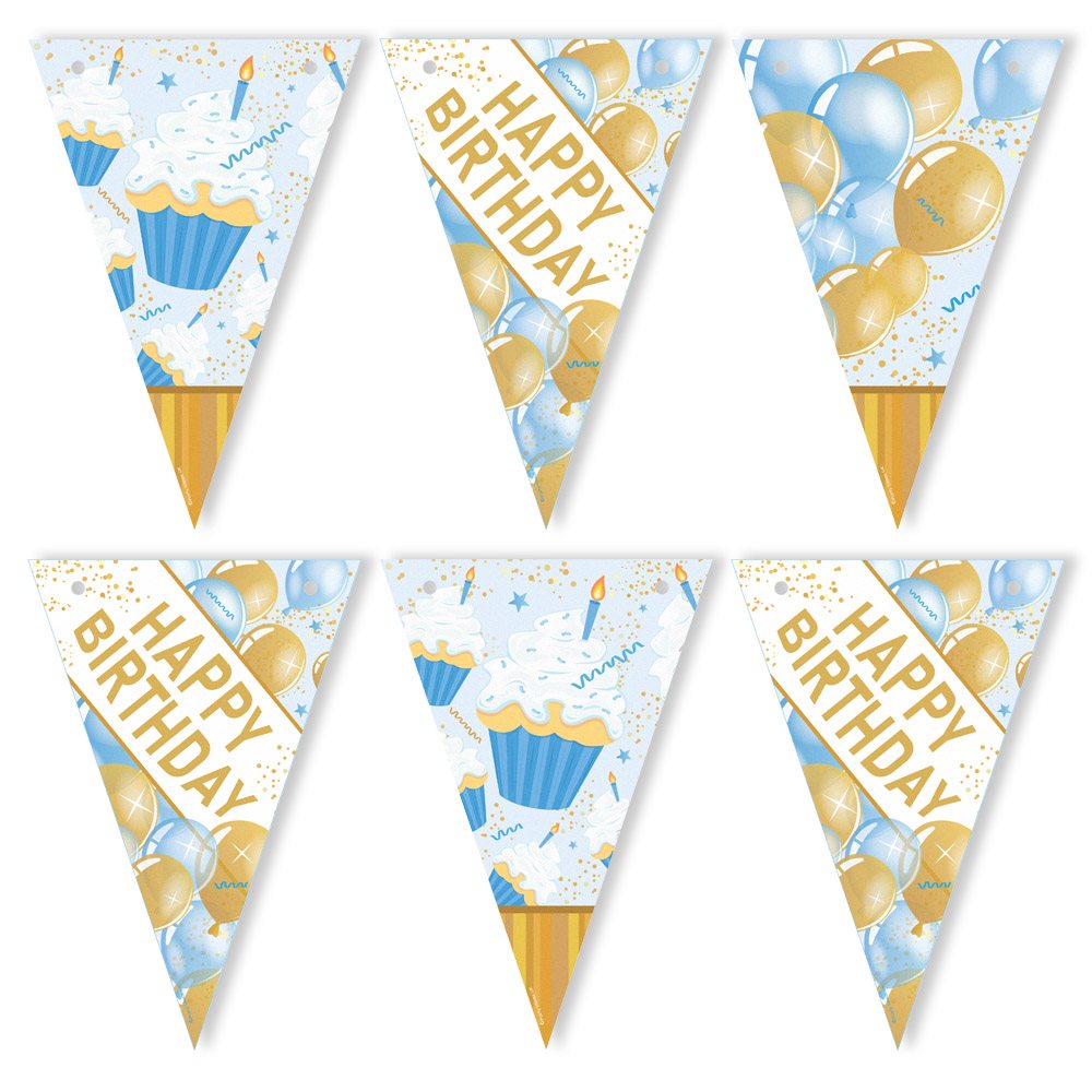 Set of blue and gold birthday-themed triangle flags on a white background