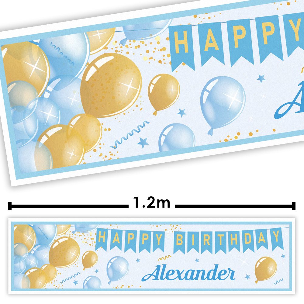 Happy Birthday banner with blue and gold balloons and the name 'Alexander' on a white background.