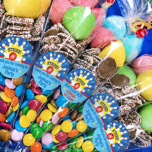 Kids party pre filled sweet cones with custom birthday stickers