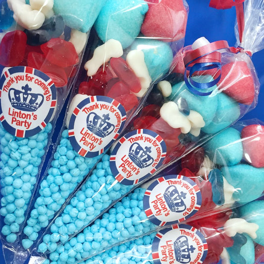 Pre filled sweet cones party favours with personalised birthday stickers