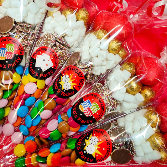 Pre filled sweet cones party favours with personalised birthday stickers