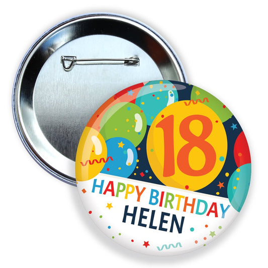 Colorful birthday button badge with balloons and 'Happy Birthday Helen' text on a white background