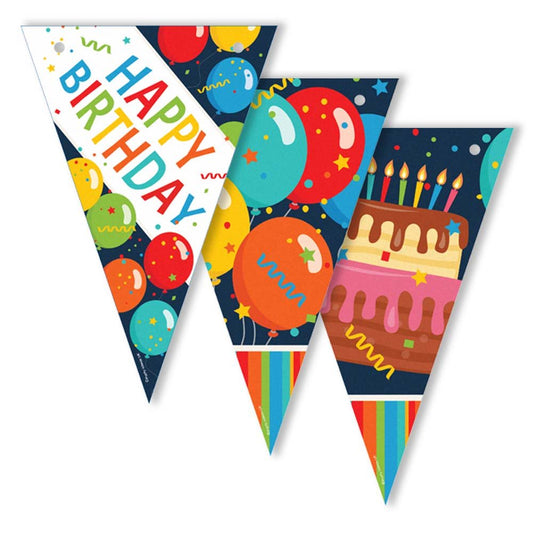 Colourful birthday-themed pennant flags with balloons and cake design on a white background