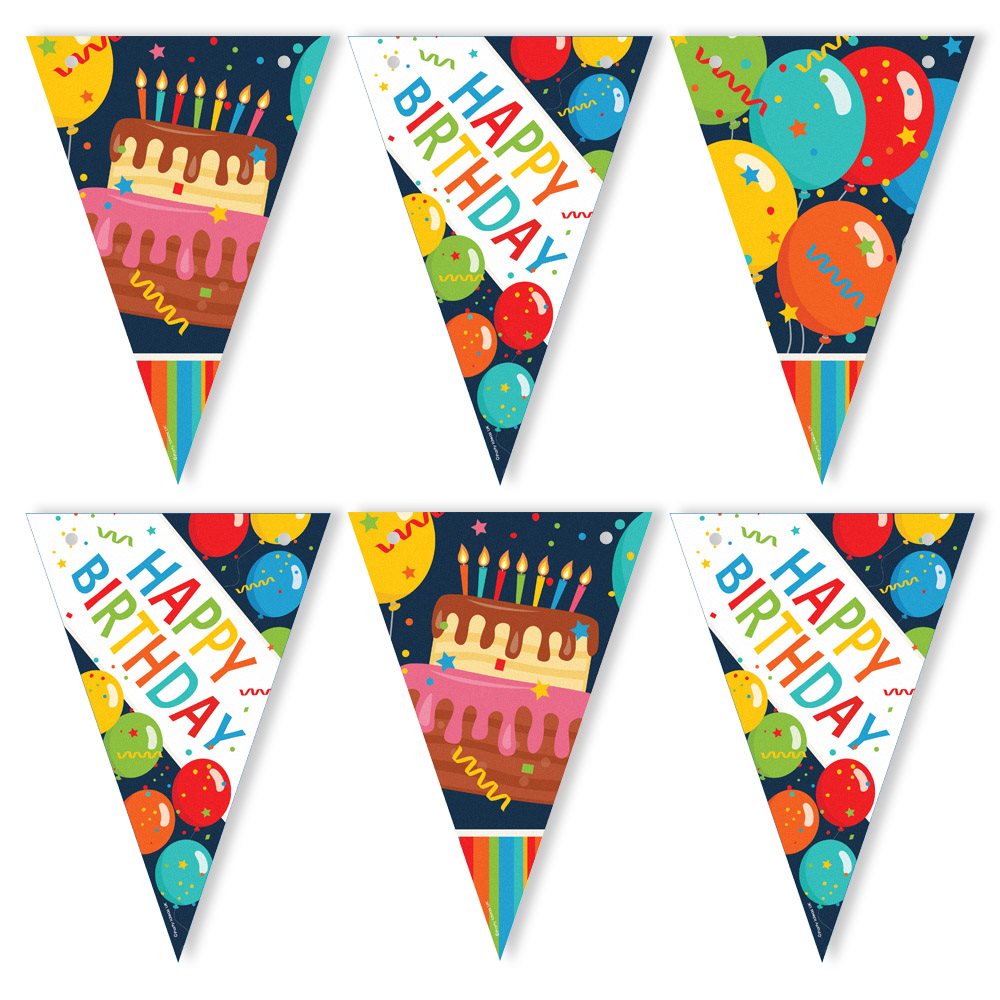 Colourful birthday-themed pennant banner with cake and balloons designs.