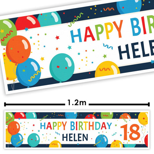 Colorful birthday banner with balloons and 'Happy Birthday Helen' text, featuring a measurement of 1.2m.