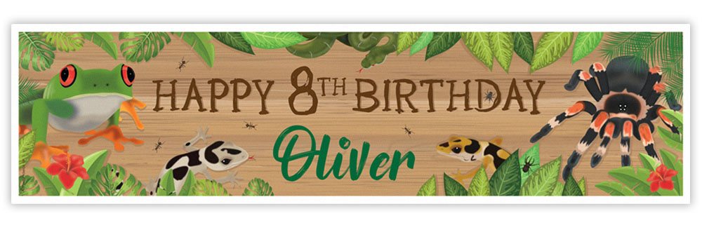 Birthday banner with tropical animals and 'Happy 8th Birthday Oliver' text on a wooden background.