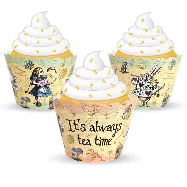 Cupcake wrappers with Alice in Wonderland design and 'It's always tea time' text on a white background