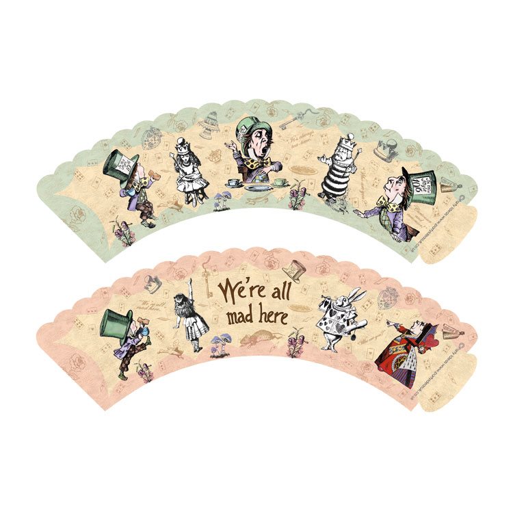 Two decorative fans with Alice in Wonderland illustrations and text on a white background