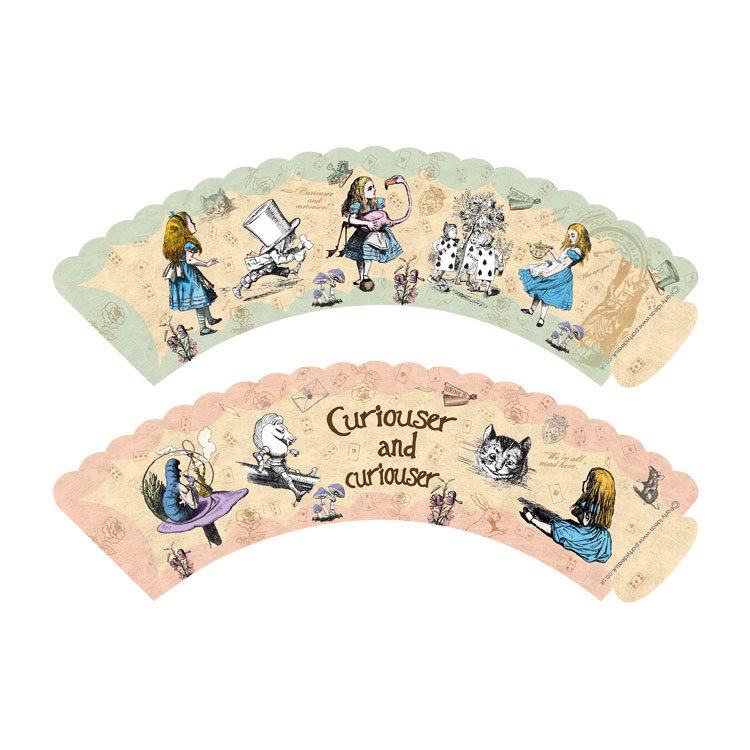 Two decorative fans with illustrations of characters from 'Alice in Wonderland' on a white background.