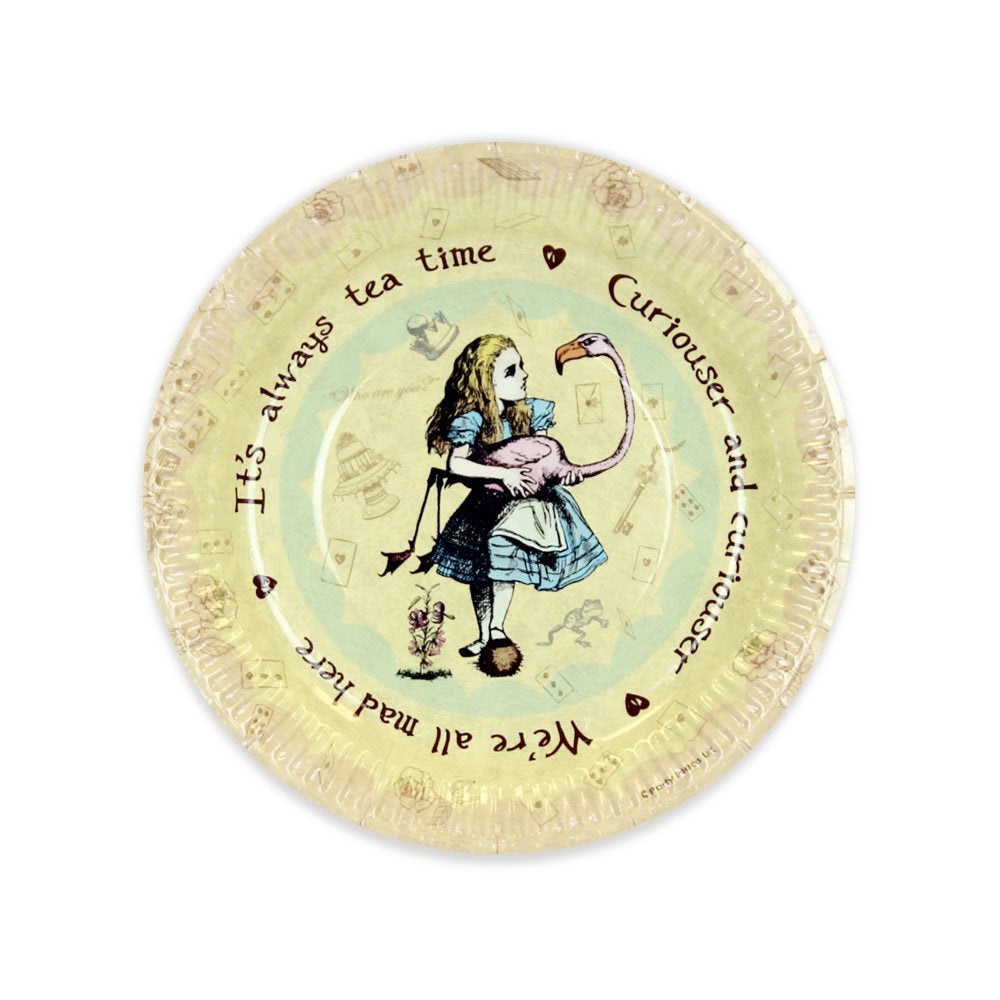 Decorative plate with Alice in Wonderland design featuring text and a flamingo.