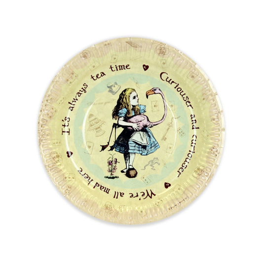 Decorative plate with Alice in Wonderland design featuring text and a flamingo.