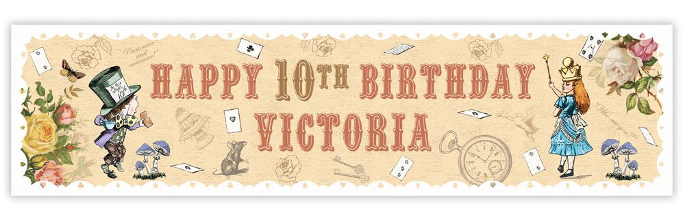 Vintage-style birthday banner with Alice in Wonderland theme for a 10th birthday celebration.