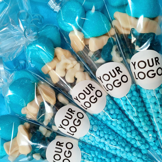 Blue and beige candy sticks in clear packaging with 'Your Logo' labels.