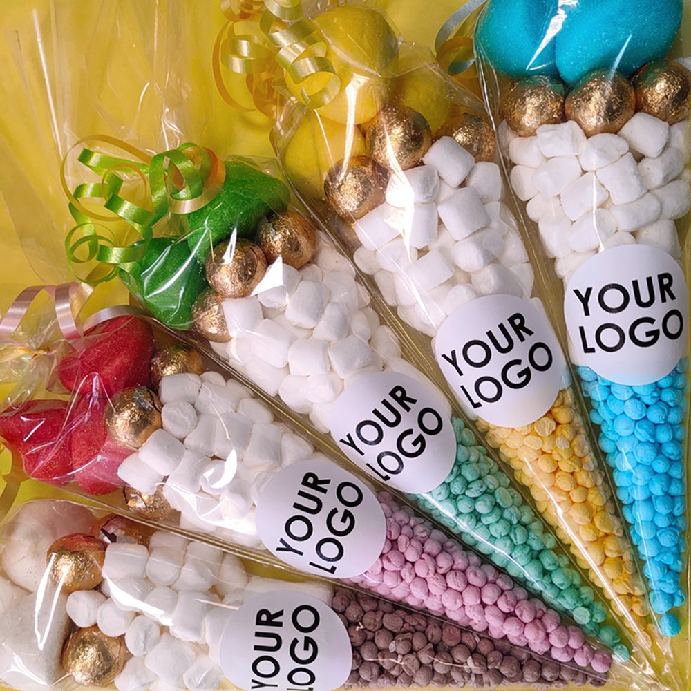 Pre filled sweet cones party favours with personalised company logo stickers