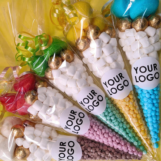 Pre filled sweet cones party favours with personalised company logo stickers
