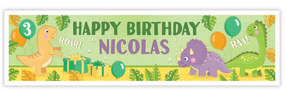 Birthday banner with dinosaurs and balloons for a child named Nicolas.