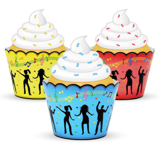 Colorful cupcake wrappers with dancing silhouettes and musical notes on a white background
