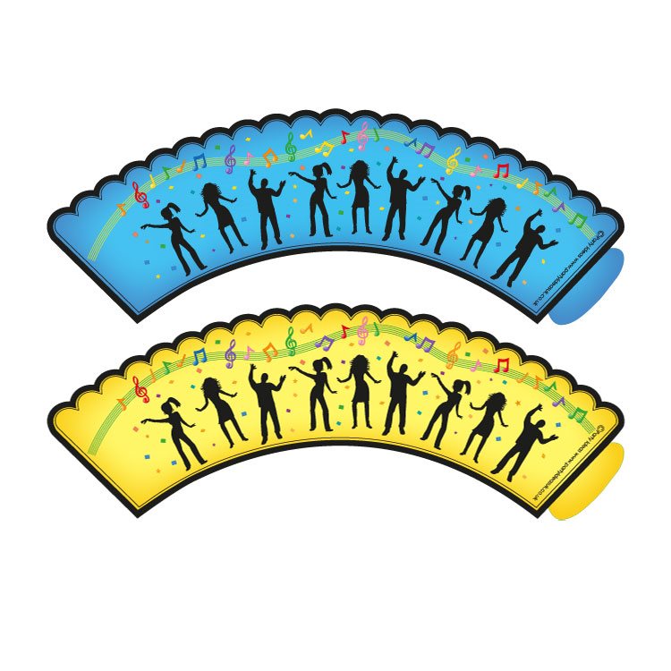 Two decorative fans, one blue and one yellow, with silhouettes of people and musical notes on a white background.