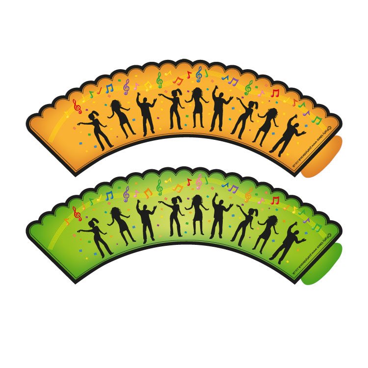 Two decorative arches with silhouettes of people and musical notes on a white background.