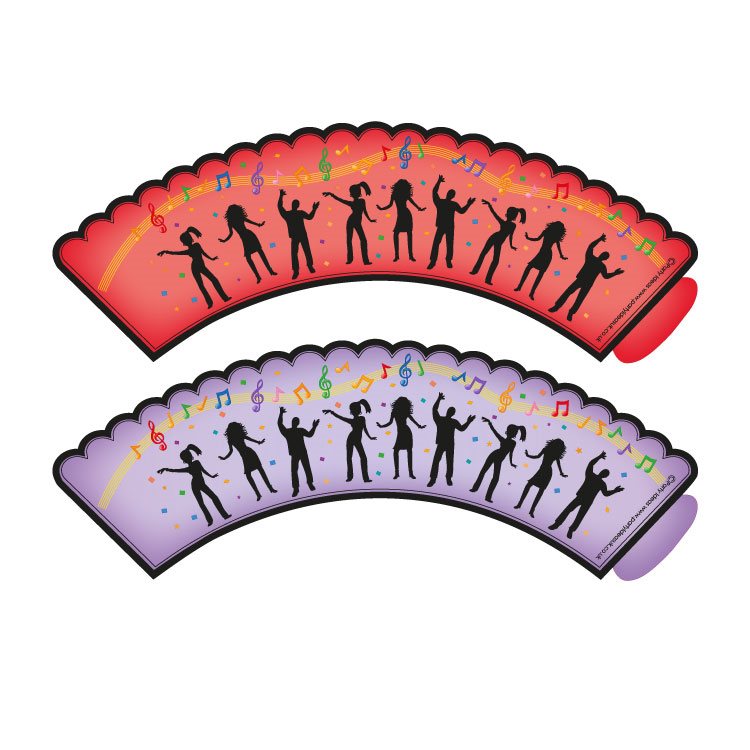Two colorful arches with silhouettes of people dancing and musical notes on a white background.