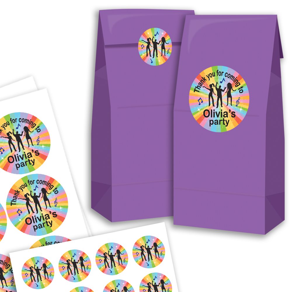 Purple party favor bags with personalized stickers on a white background