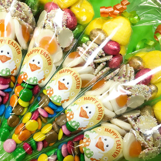 Pre filled sweet cones party favours with Easter stickers