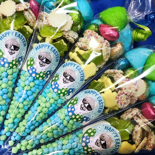Assorted Easter candy bouquets with 'Happy Easter' labels.