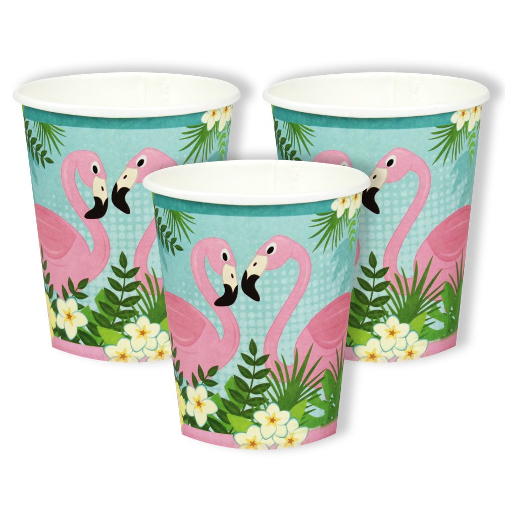 Three paper cups with flamingo design on a white background
