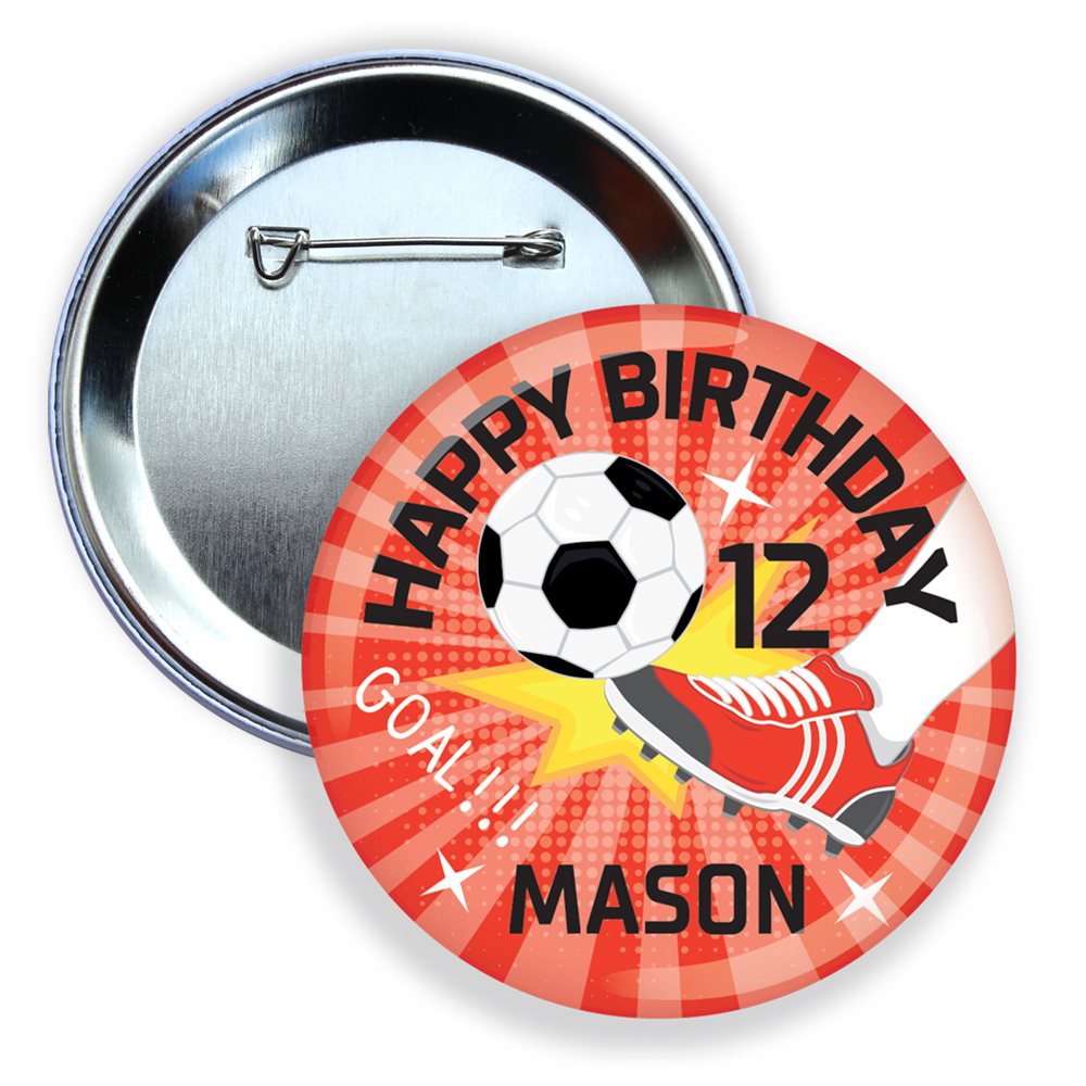 Button badge with football design and text for a 12th birthday celebration