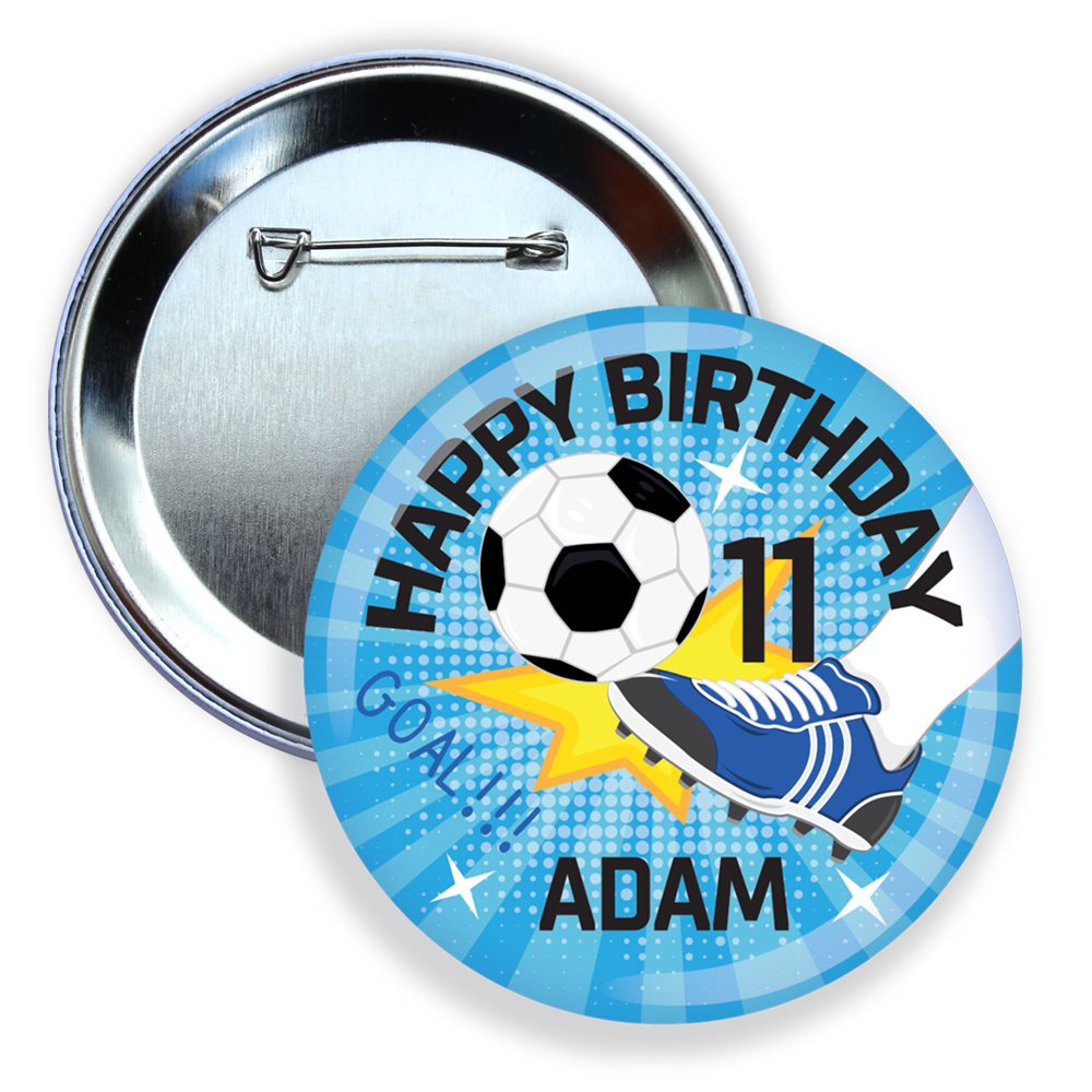 Button badge with football, boot, and 'Happy Birthday Adam 11' text on a blue background