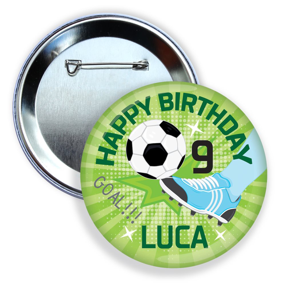 Button badge with soccer ball and text 'Happy Birthday Luca 9 Goal!!!'