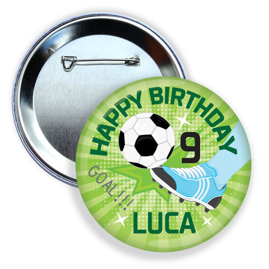 Button badge with soccer ball and text 'Happy Birthday Luca 9 Goal!!!'