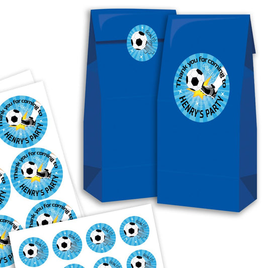 Blue party favour bags and labels with football theme on a white background