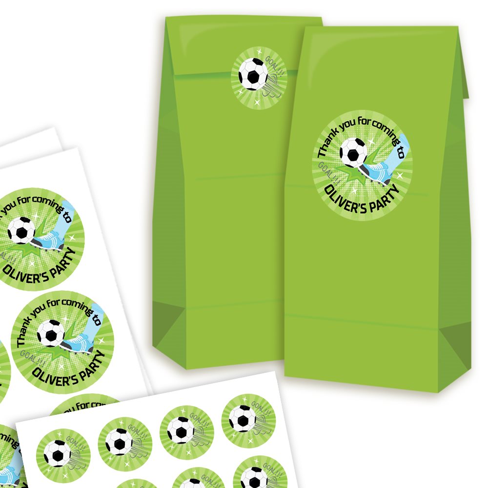 Green party favour bags and stickers with football-themed design on a white background