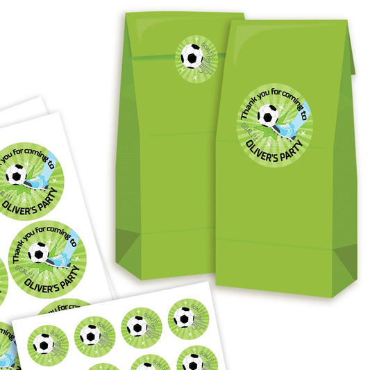 Green party favour bags and stickers with football-themed design on a white background
